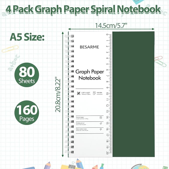 BESARME 4 Pack A5 Graph Paper Notebooks, 5.7 x 8.22 in, 100 GSM | Grid paper notebooks, 160 pages, waterproof plastic cover, twin-wire spiral, 5x5 mm grid, lays flat for school work sketching