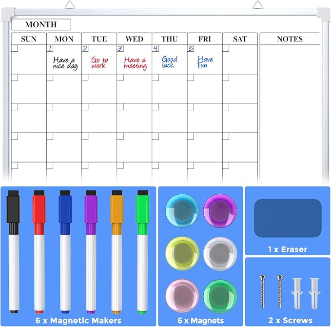 MaxGear Double Sided Magnetic Dry Erase Board Calendar, 36" x 24" | Aluminum Frame Whiteboard for Wall, Double-sided, Monthly Planner, 6 Markers & 6 Magnets included, portable for Home, Office