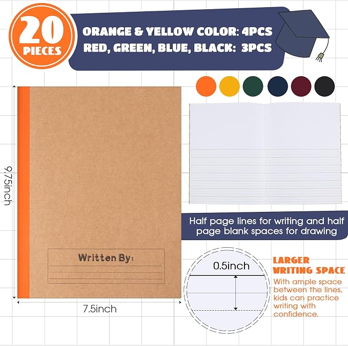 Henoyso 20 Pack Primary Composition Notebook, 9-3/4" x 7-1/2", Kids Primary Journal, K-2 Writing Notebook for Kids Student Draw Write Story Journal Half Blank Books(Jewel Tone Color)