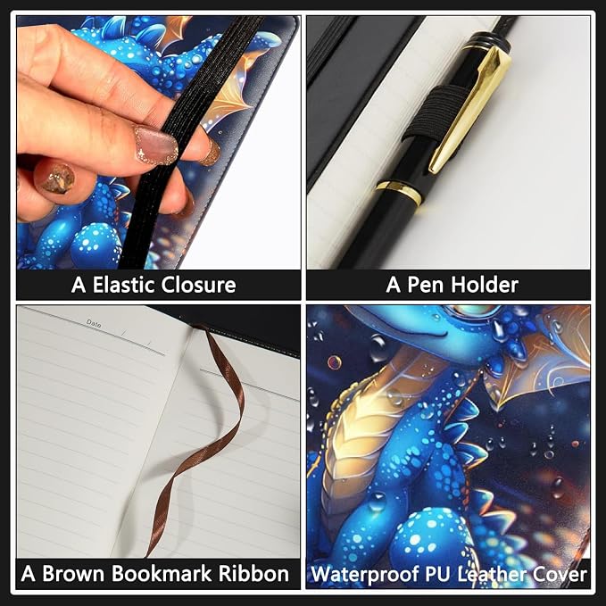 A5 Leather Lined Journal Notebook, 200 Pages Hardcover Executive Notebook for Men Women Office School Note Taking, Thick Writing Paper Daily Journal with Bookmarks/Indexes,Baby Dragon