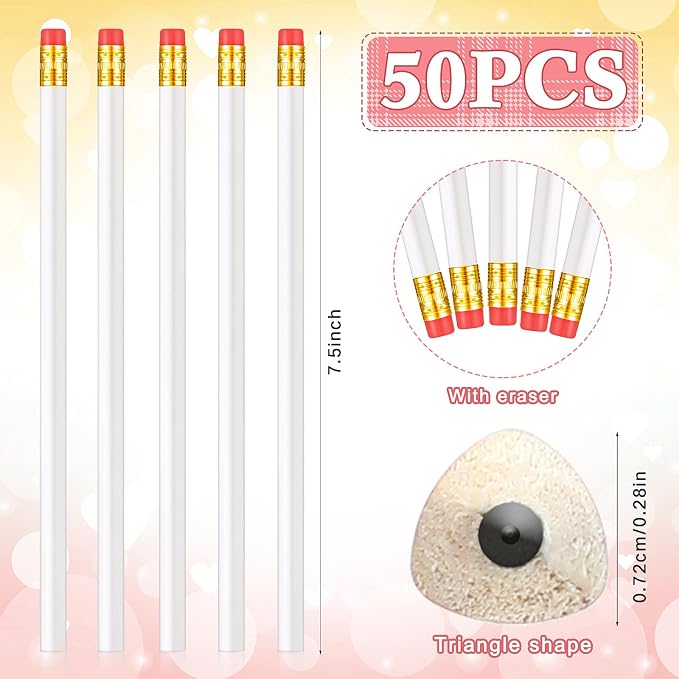 Tinlade 50 Pcs White Triangular Grip Pencils Wood Wedding Pencils HB Graphite Pencil Pack Eraser for Baby Shower Drawing Sketching Bridal Shower Office Supplies