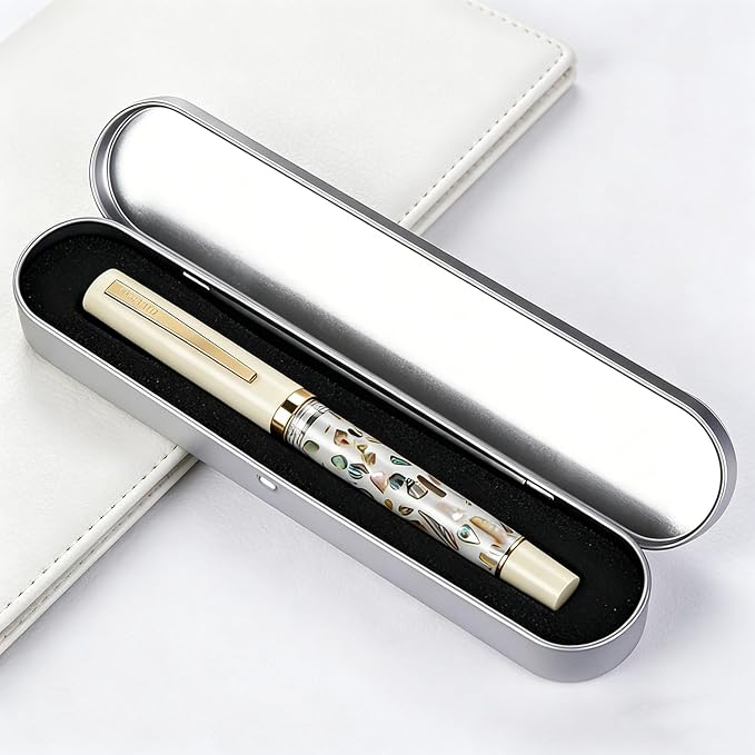 Jinhao 58 Fountain Pen - Natural Sea Shell Inlay Fine Nib Writing Pen with Ink Converter & Silver Metal Gift Box, Ivory White