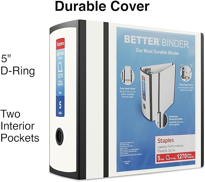Staples Better Binder Heavy-Duty 5-Inch D-Ring View Binder, Reinforced Spine, Holds Up to 1,000 Sheets, White, for Office & Archiving