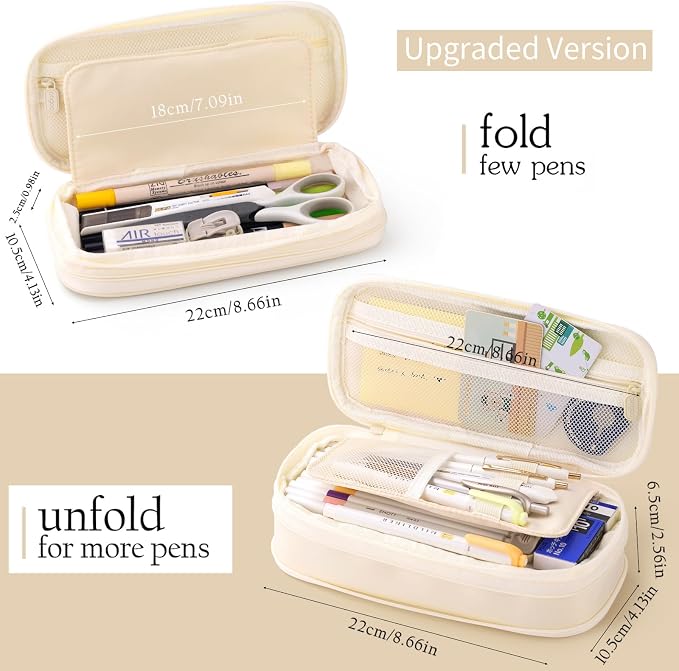 EASTHILL Big Capacity Pencil Case Large Pencil Pouch Stationery Pen Bag for Teen Girls-Cream