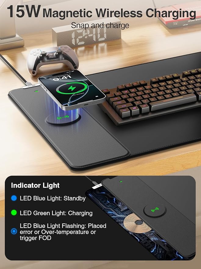 Magnetic Wireless Charging Mouse Pad, 31.5"x15.8" Large Desk Mat | Waterproof Mousepad, Smooth Glide, Stitched Edge, Non-Slip Rubber Base, Desk Pad Computer Keyboard Mat, No Adapter