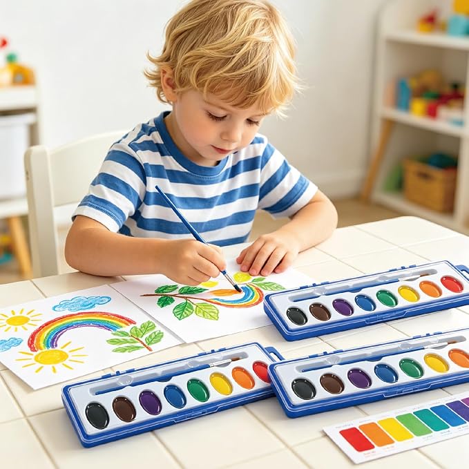 12 Pack Watercolor Paint Set Bulk, Washable, Non-Toxic Watercolors with Brushes for Kids & Adults – Watercolor Paints for Classrooms, Parties, and Art Activities, Watercolors for Kids
