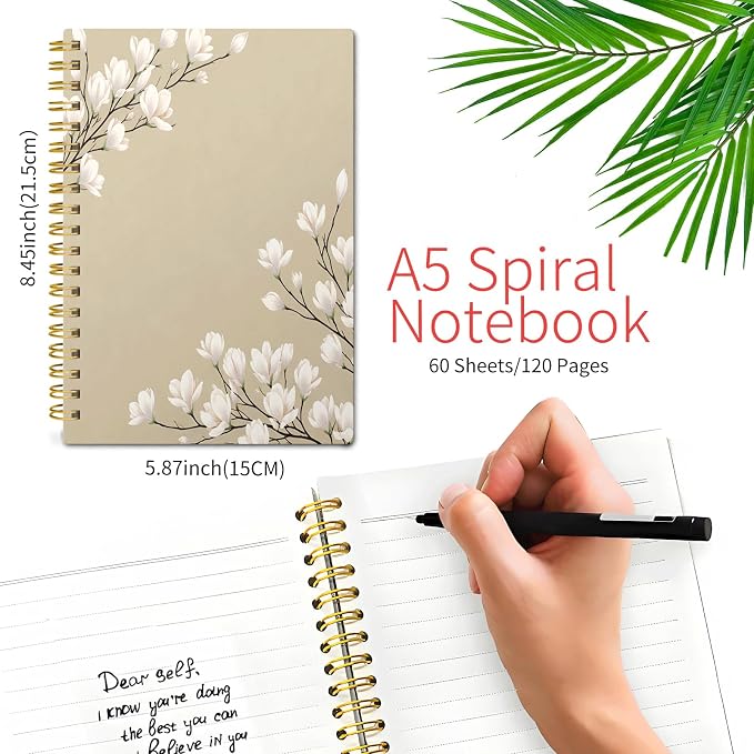 KZYVFNPQ Spiral Journal Notebook for Women Men, A5 Cute Hardcover Lined Notebook with Strong Binding,College Ruled Notebook for Office Work Writing(White Beige Flowers)