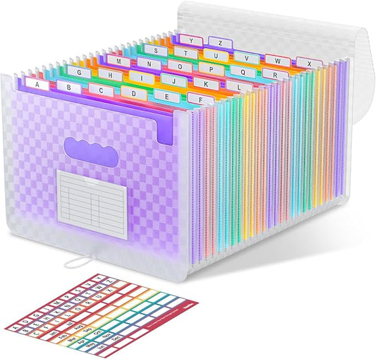 ThinkTex 26 Pockets Expanding File Folders, Accordion File Organizer | Monthly Bill Receipt Documents Organizer, A-Z Colorful Tabs, Letter/A4 Size for Classroom Office Home Hospital - Purple