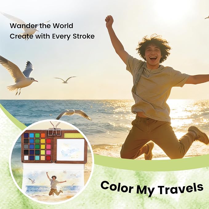 Pagather 24 Colors Mini Watercolor Travel Set, Portable Watercolor Kit with Water Brush, Pocket Size Painting Set for Beginners, Hobbyists & Artists