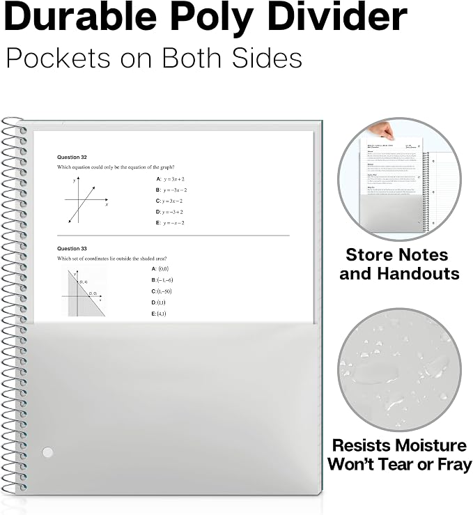 Dunwell 1-Subject Notebook College Ruled, (Blue) 100 Sheets (200 Pages), Perforated Paper, 3 Hole Punched, Spiral Notebook 8.5 x 11, Protective Plastic Cover, Divider with Pockets