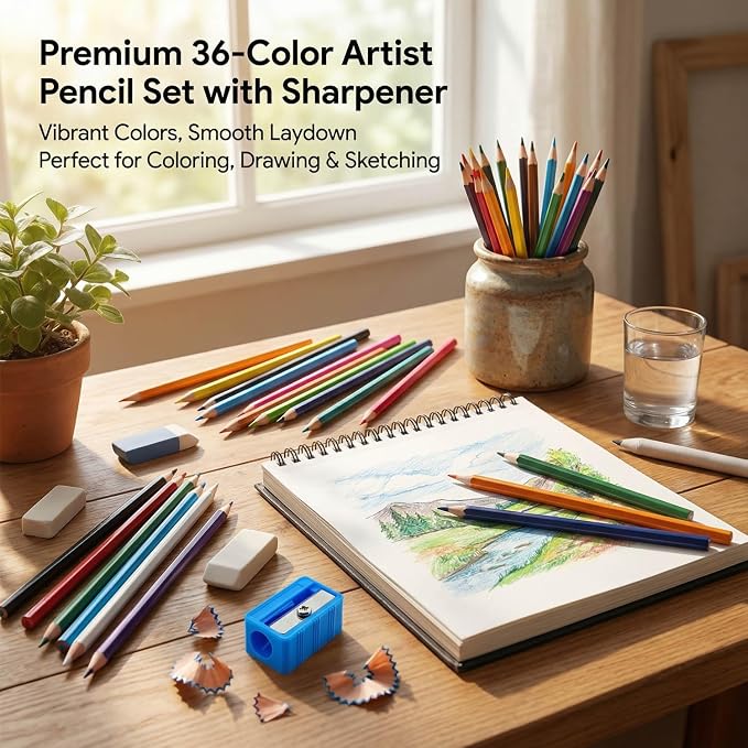Colored Pencils Set with Sharpener, Soft Core Color Pencils for Adult Coloring Books, Artist Drawing, Sketching, Blending, Shading, Layering & Art Supplies (36 Colors)