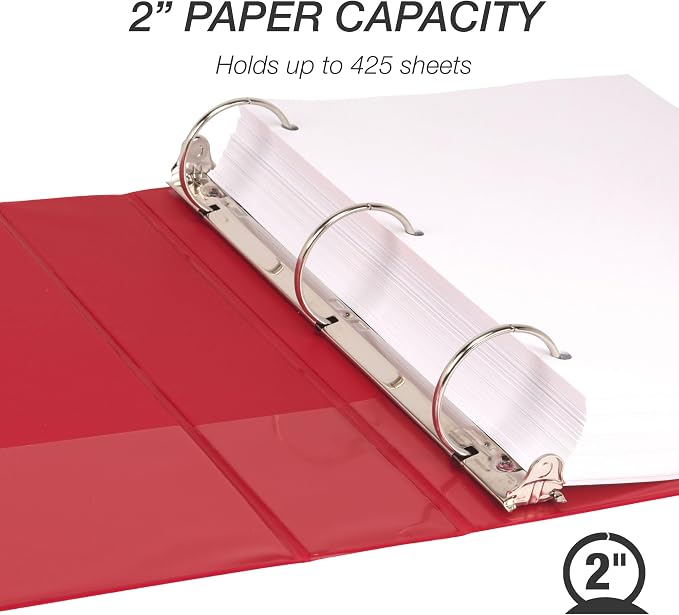 Samsill 2 Inch 3 Ring Binders, Economy Round Ring, Clear View Cover, 425 Sheet Capacity - for School, Home, Office - Red, 12 Pack