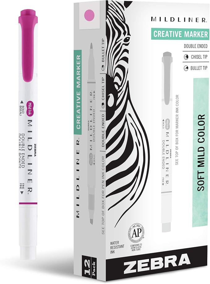 Zebra Pen MILDLINER No Bleed Highlighter, Fuchsia Color, Dual Tip, 12-Pack