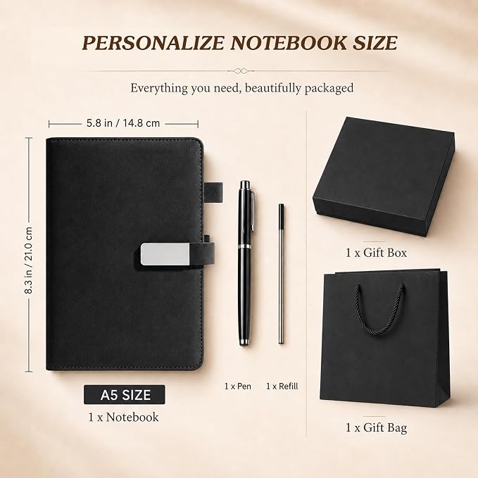 CRME Personalized Leather Journal with Pen and Gift Box,Custom Engraved Executive Notebook with Name,A5 Hardcover Lined Journal for Men Women,Personalized Notebook and Pen Set,Black