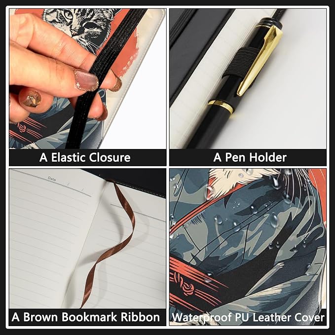 A5 Leather Lined Journal Notebook, 200 Pages Hardcover Executive Notebook for Men Women Office School Note Taking, Thick Writing Paper Daily Journal with Bookmarks/Indexes,Cat Samurai