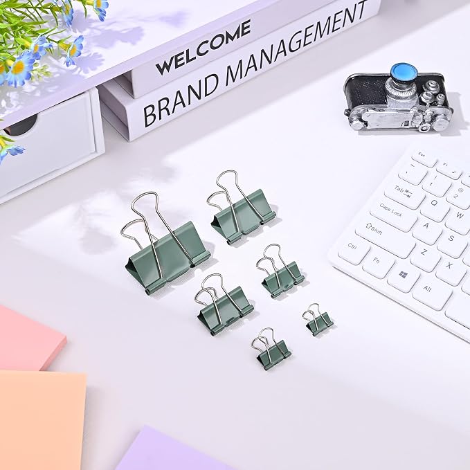 Temiary Aesthetic Binder Clips, Small Metal Binder Clip with Clear Storage Container, Binding Paperwork Clamps for School Teachers Office Supplies (Green 0.75 Inch, 40P)