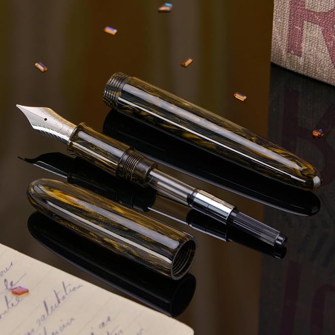 Asvine C80 Fountain Pen #8 Fine Nib Large Handcraft Pen with Converter Pen Case Collection Set (Brown Gold)
