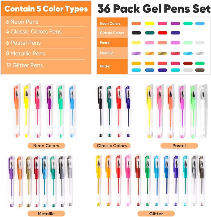 Taotree Glitter Gel Pens, 36 Colors Neon Glitter Pens, Colored Gel Markers | 40% More Ink Fine Point Art Markers Set for Adult Coloring Books, Drawing Art Supplies, School Journaling, Scrapbook Supplies