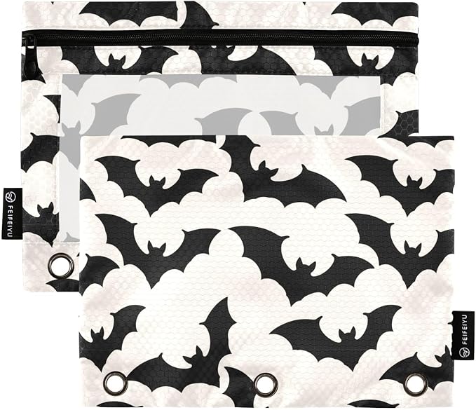 Gredecor 3 Ring Binder Pencil Pouch, Black White Bats-2 Zippered Pen Case Pouches with Clear Window, 2 Pack Stylish Office & School Supplie