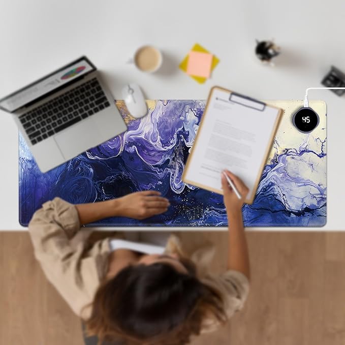Heated Desk Pad Large Mouse Pad 31.5 x 13 inch with 3 Levels Heating & Auto Shut-Off Warm Mouse pad PU Leather Computer Mousepad for Home Office Work - Purple Marble