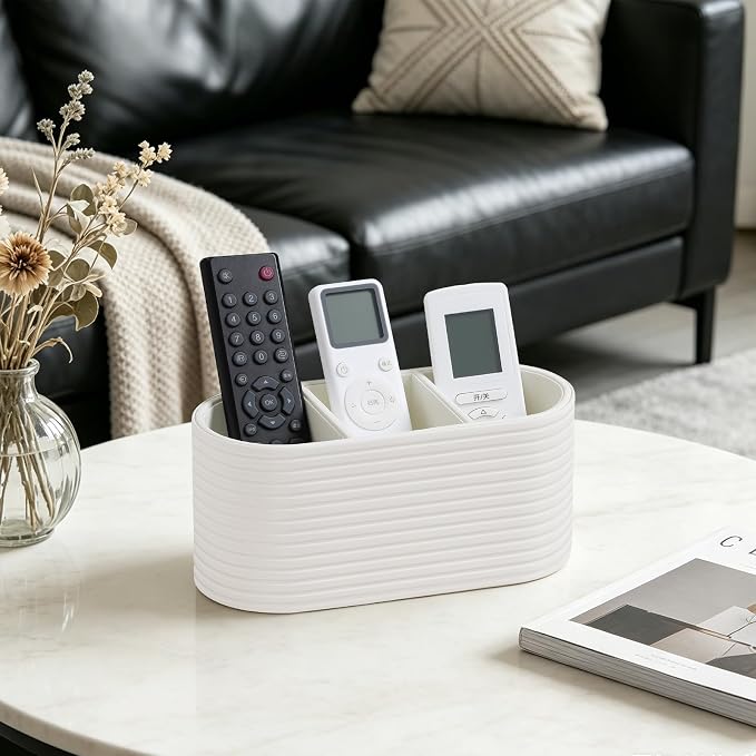 PU Leather Remote Control Holder, Modern Oval Pen Holder for Desk, 3-Compartment Desk Caddy for Remotes, Glasses, Pens, Small Desk Organizer for Nightstand, Coffee Table, Office (Ivory)
