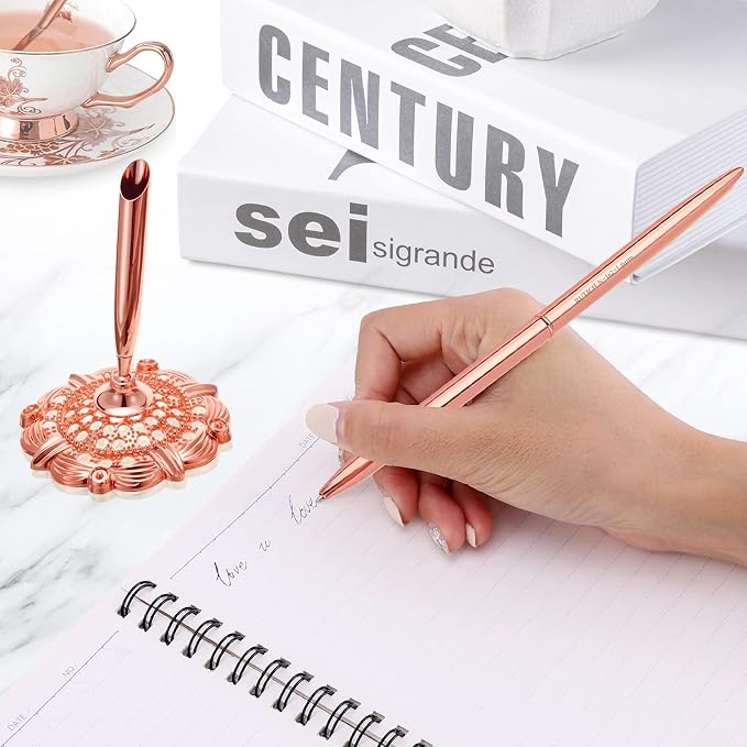 Hollow Round Pen Holder Signing Pen Set for Wedding Bridal Engagement Valentine's Day Favors,Rose Gold