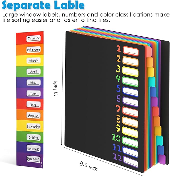 HABGP 24 Plastic Folders with Multi Pockets, 12 Colors, Office Organizer with 12 Tab Dividers, Letter Size School Supplies