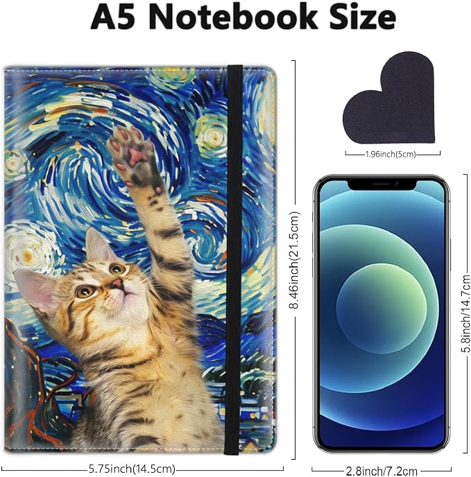 A5 Leather Lined Journal Notebook, 200 Pages Hardcover Executive Notebook for Men Women Office School Note Taking, Thick Writing Paper Daily Journal with Bookmarks/Indexes,Night Cat