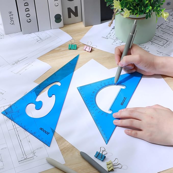 EBOOT 2 Pack Large Transparent Triangle Ruler Set Square Plastic, 30/60 and 45/90 Degrees Angle Drafting Quilting Drawing Tool School Classroom Office Triangular Rulers(Blue)