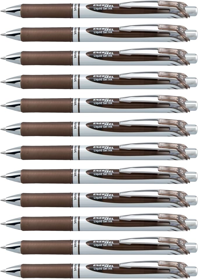 Pentel EnerGel RTX Retractable Liquid Gel Ink Pen, (0.7mm) Medium line, Sepia Ink, Box of 12 Pens (BL77-SP)