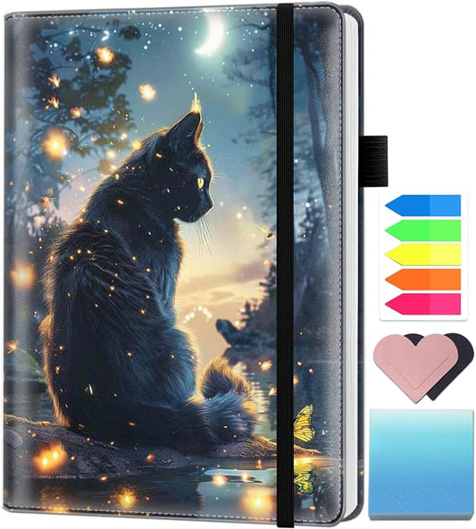 A5 Leather Lined Journal Notebook, 200 Pages Hardcover Executive Notebook for Men Women Office School Note Taking, Thick Writing Paper Daily Journal with Bookmarks/Indexes,Cute Black Cat