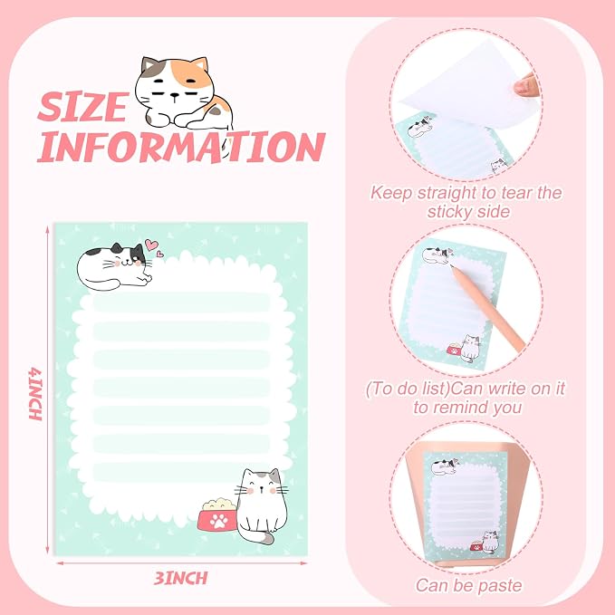 Chiisong 12 Pieces Cats Sticky Notes Cute Cat Gift Self Stick Notepads 3x4 Inch Kawaii Memo Notes for Animal Lover Cartoon Animal to Do List for Office Home Supplies Roommates Gift