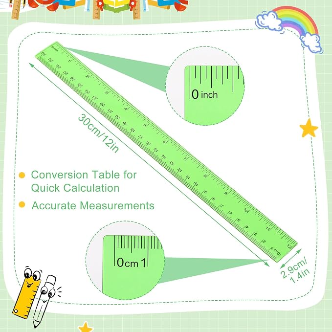 EBOOT 2 Pack Plastic Ruler Straight Ruler Plastic Measuring Tool for Student School Office(Green,12 Inch)