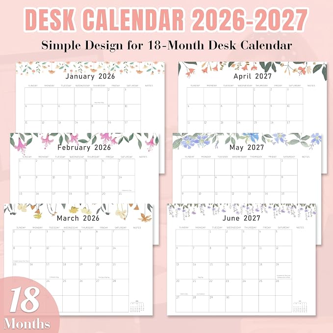 Gannyfer Desk Calendar 2026-2027 with Desktop Mat, Large 22" x 17" Desk Pad Calendar, 18-Month Calendar Use Now Through Jun 2027, Office Supplies for Home School Office, Pink with 6 Stickers