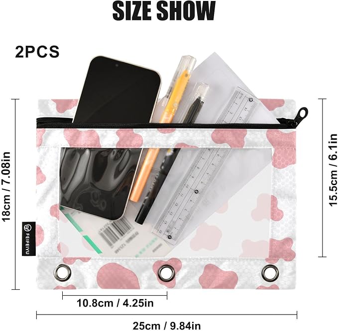 Gredecor Binder Pencil Pouch 3 Ring Abstract Pink Cow Zipper Pencil Pouches Case 2 Pack Clear Binder Organizer for School Office