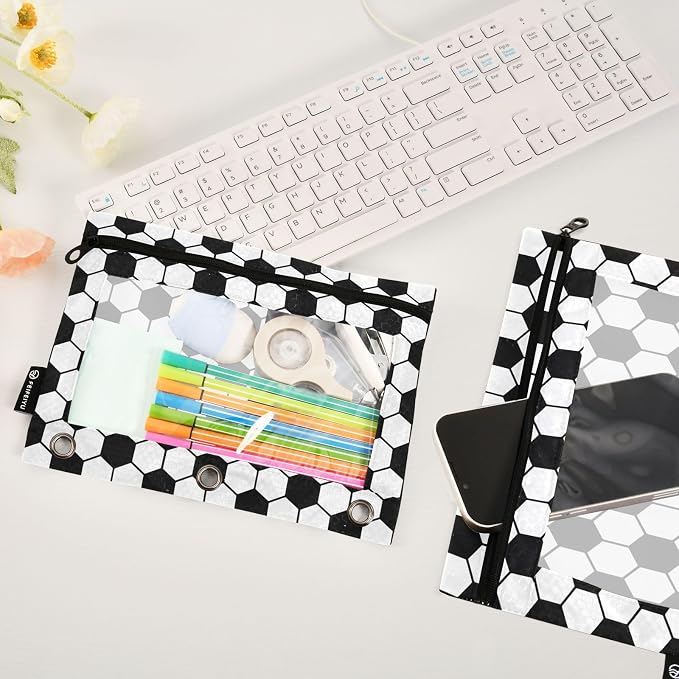 Soccer Pencil Pouches for 3 Ring Binder, Zipper Binder Pencil Case, 2 Pack Clear Window Case Bag for Office Organizers