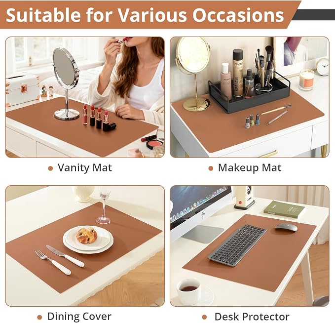 LovePads Makeup Mat for Vanity, 14 x 24 Dual-Sided Desk Pad & Vanity Cover Top, Waterproof PVC Protector Mat for Dresser, Nail Art, Craft Table (Brown+Beige)