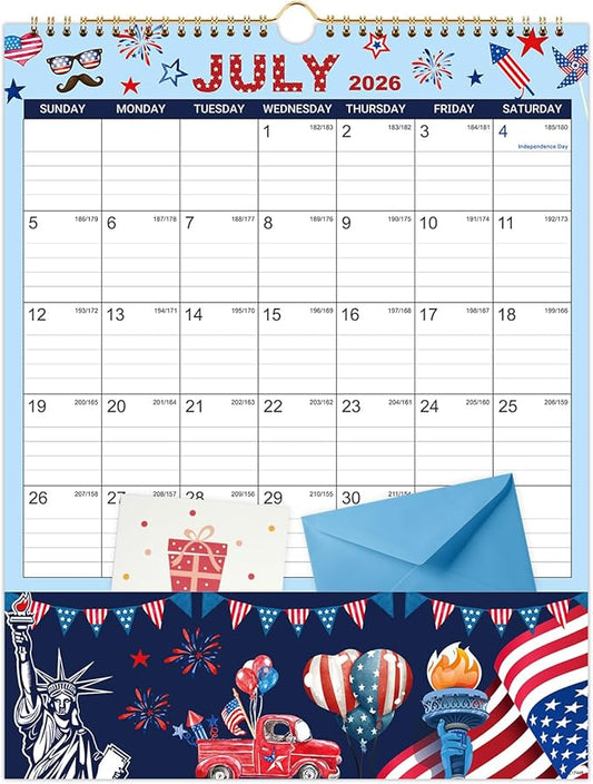 Vindora 2026-2027 Wall Calendar with Pockets - 18 Month Large Vertical Calendar (July 2026 to Dec 2027), 11.4x14.5 Inch Office & Family Planner with Hanging Loop, Floral Design