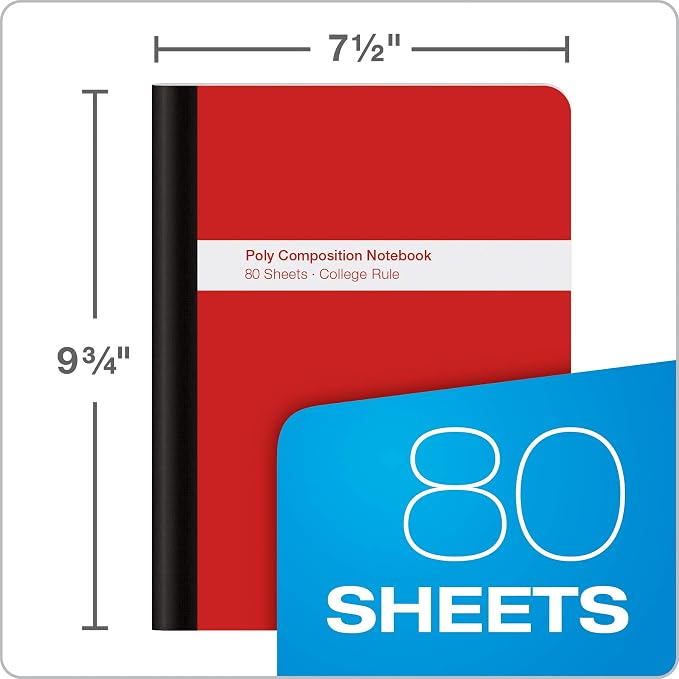 Oxford Poly Composition Notebook 4 Pack, College Ruled Paper, 9-3/4 x 7-1/2 Inches, 80 Sheets, Assorted Colors: Blue, Green, Purple, Red (64958)