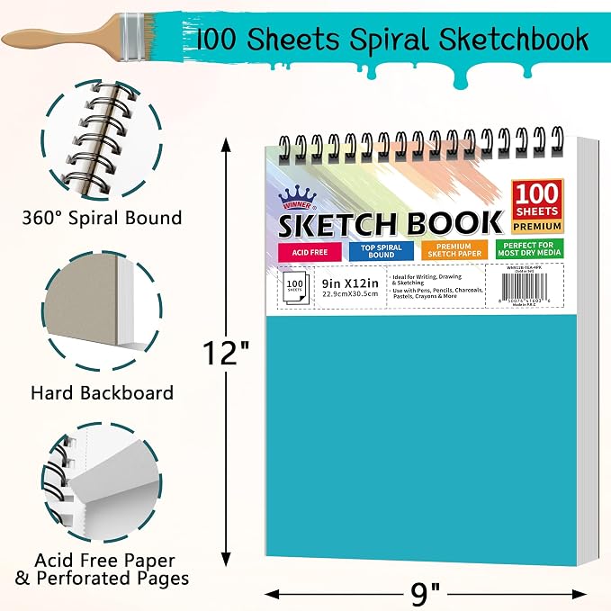 WINNER 9" x 12" Sketch Book 4 Pack, 400 Sheets Spiral Bound Art Sketchbook, 68lb/100gsm White Acid Free Drawing Pad, Sketching Doodling Drawing Writing Sketch Pad, Art Supplies for Back to School