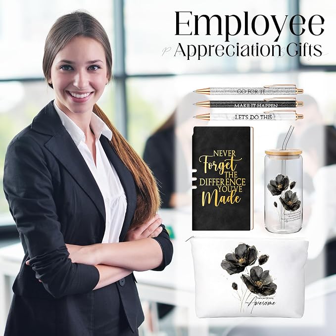 Funnymoom 6 Pcs Appreciation Gifts Set for Women Back to School Teacher Gifts Employee Thank You Gift with 17 oz Glass Tumbler Journal Pens and Pouch for Coworkers Educators,Floral,Black