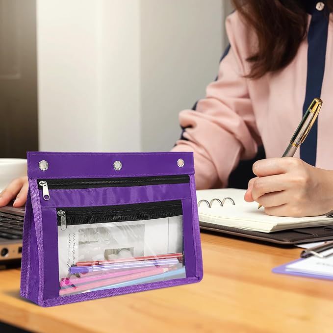 YoeeJob 1 Pack Pencil Pouch for 3 Ring Binder, Expandable Binder Pouches with Zipper, Large Capacity Pen Holder Case with Clear Window School Class Office Organizers, Purple