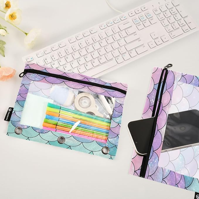 Gredecor Binder Pencil Pouch 3 Ring Pastel Mermaid Scales Zipper Pencil Pouches Case 2 Pack Clear Binder Organizer for School Office