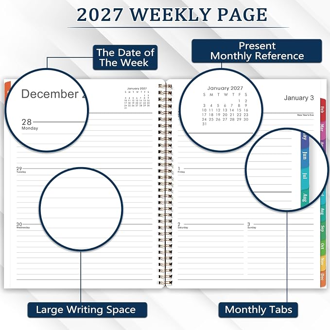 Planner 2027-2027 Calendar Planner, Jan 2027 - Dec 2027, 9" x 11" | 2027 Planner weekly and monthly with Colourful Tabs, Inner Pocket, Premium Paper, Twin-wire Binding