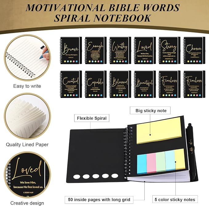 Kosiz 36 Sets/72 Pcs Christian Gifts Bulk Prayer Journal Scripture Notebook, Bible Pen (Light,Black Gold)