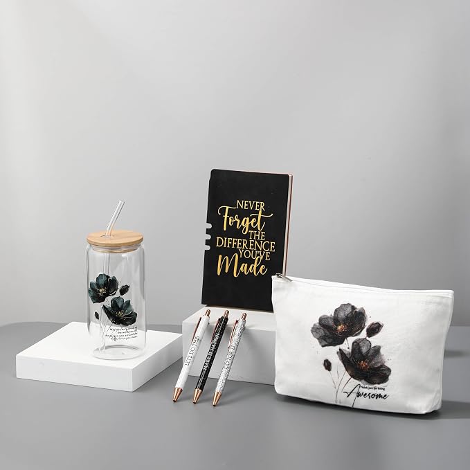 Funnymoom 6 Pcs Appreciation Gifts Set for Women Back to School Teacher Gifts Employee Thank You Gift with 17 oz Glass Tumbler Journal Pens and Pouch for Coworkers Educators,Floral,Black