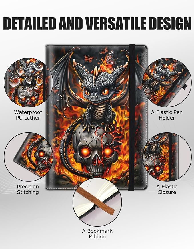 Hardcover Executive Notebooks, A5 PU Leather Lined Journal Notebook, 200 Pages Thick Paper Subject Notebooks for School,Work,Home Writing Business Notebook, Diary Book ，Black Baby Dragon and Skull