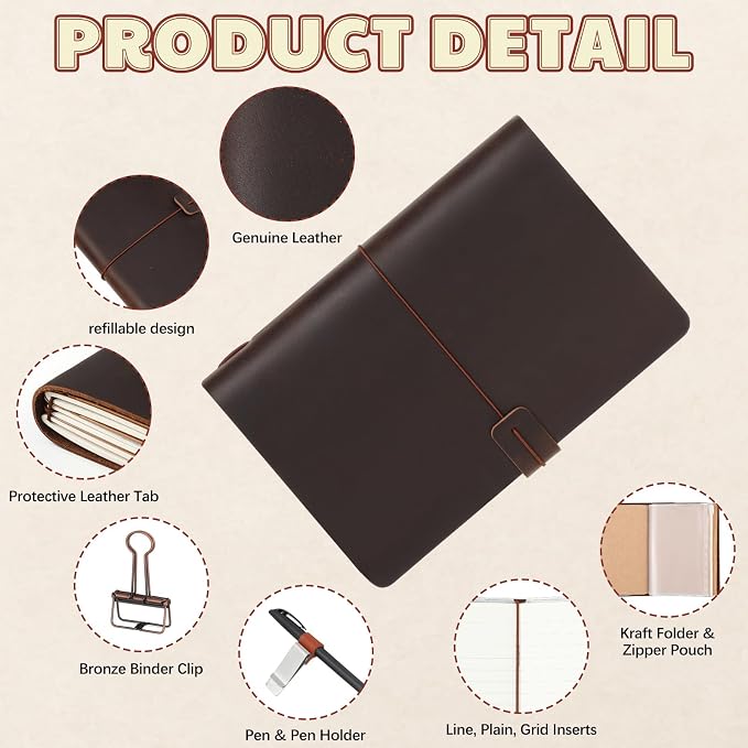 Thenshop Travelers Refillable Leather Journal Notebook Travel Diary Handmade Passport Travelers Journal for Men and Women with 3 Notebook Inserts, Pen Holder, Binder Clip(Coffee Color,A5 Size)
