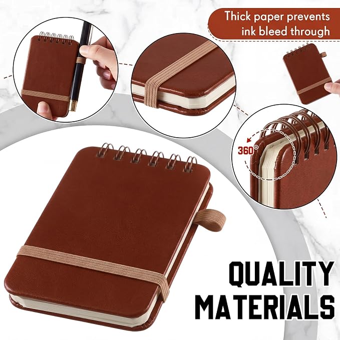 Qeeenar 4 Pack Small Pocket Notebook 2.5 x 4 Inch, Brown Leather Hardcover Top Spiral Mini Journal with Elastic Band, 50 Sheets Tiny Memo Pad for Travel Purse Work Daily Notes