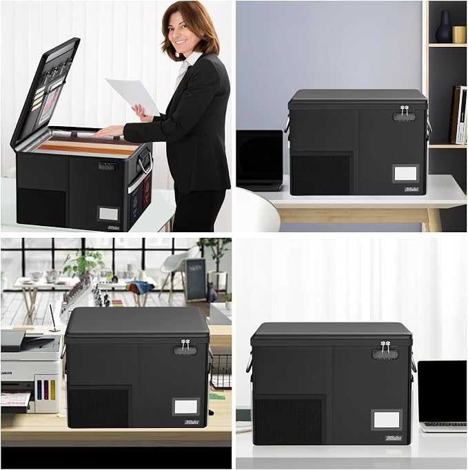 5200℉ Fireproof Document Box with Lock, Black | Waterproof File Organizer with Handle, Portable Collapsible Filing Cabinet for Hanging Letter/Legal Folders